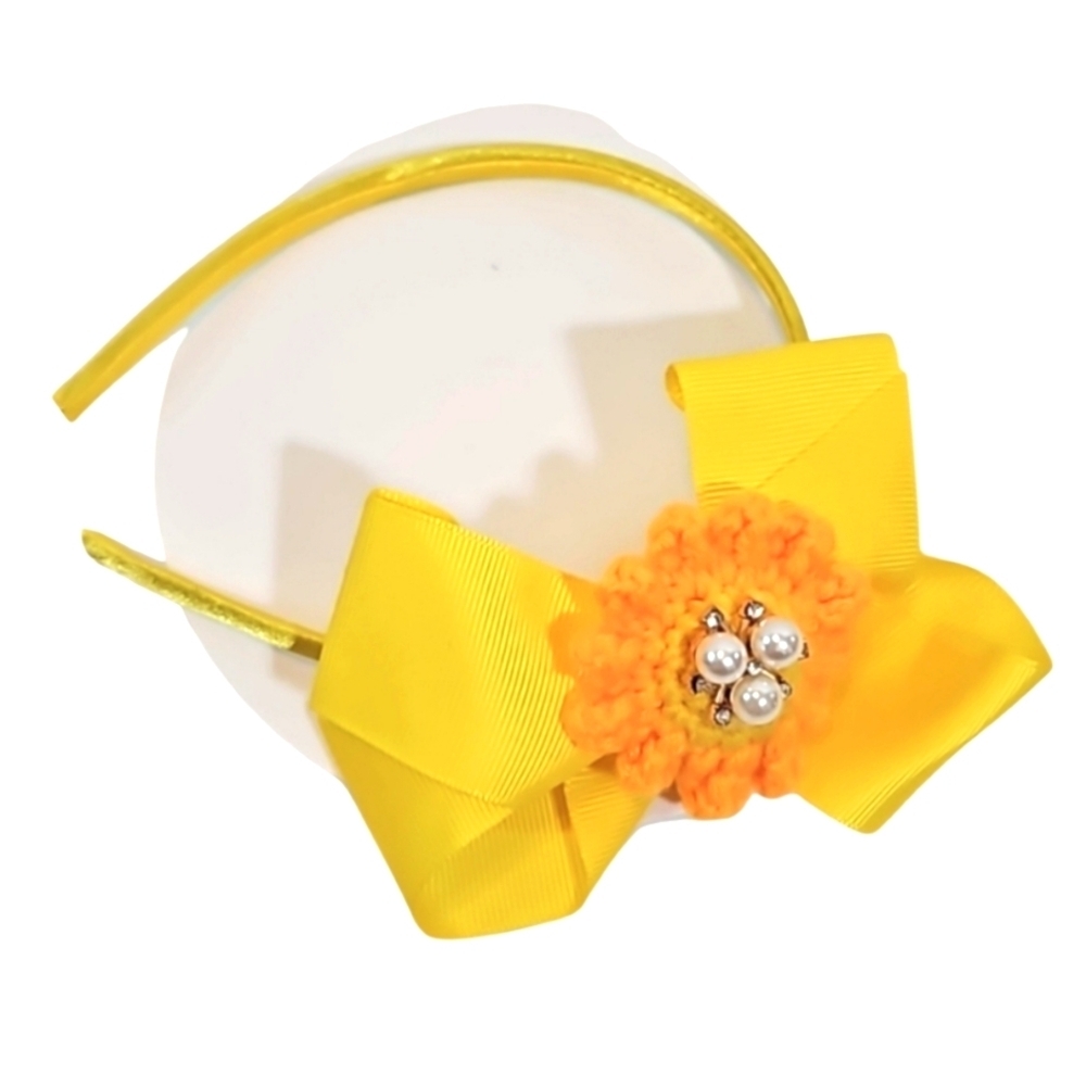 Hand Crafted yellow bow hairband hand  crochet flower faux pearls beads floral - Picture 3 of 17